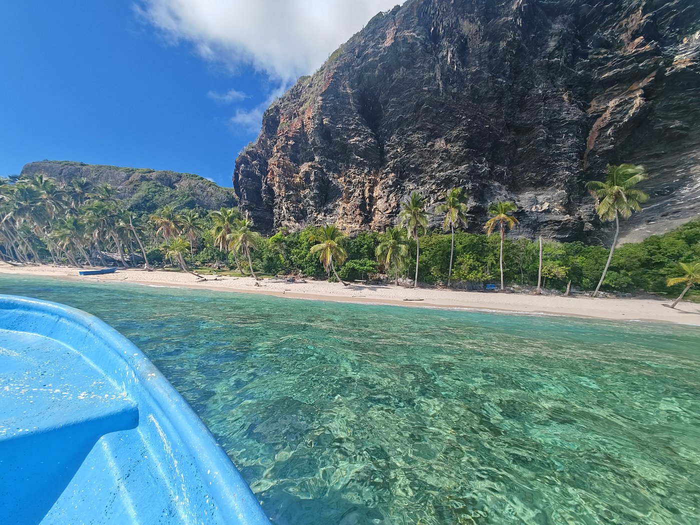 Tourist boat navigating through the beautiful blue waters of Samaná Bay with passengers enjoying the scenic journey